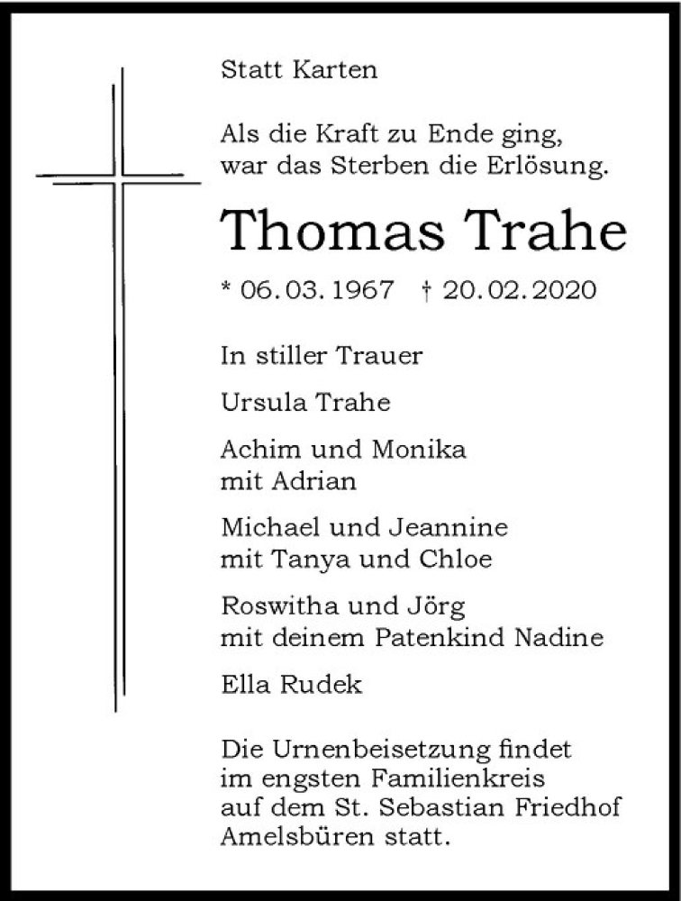  Traueranzeige für Thomas Trahe vom 07.03.2020 aus Westfälische Nachrichten