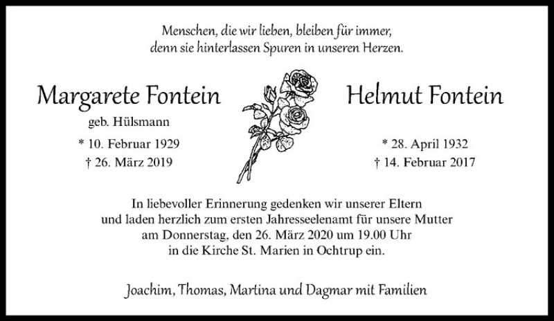  Traueranzeige für Margarete Fontein vom 21.03.2020 aus Westfälische Nachrichten