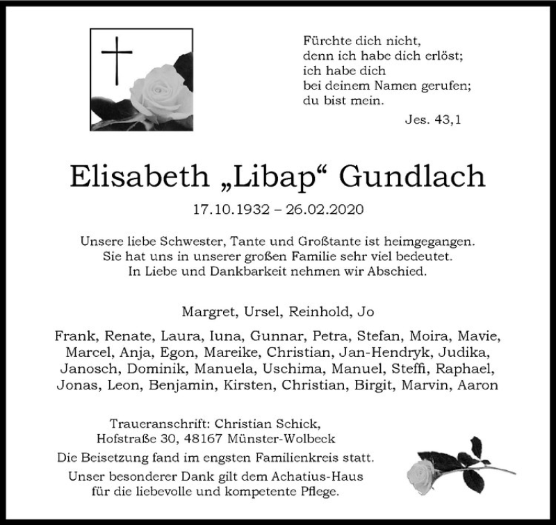  Traueranzeige für Elisabeth Libap Gundlach vom 07.03.2020 aus Westfälische Nachrichten