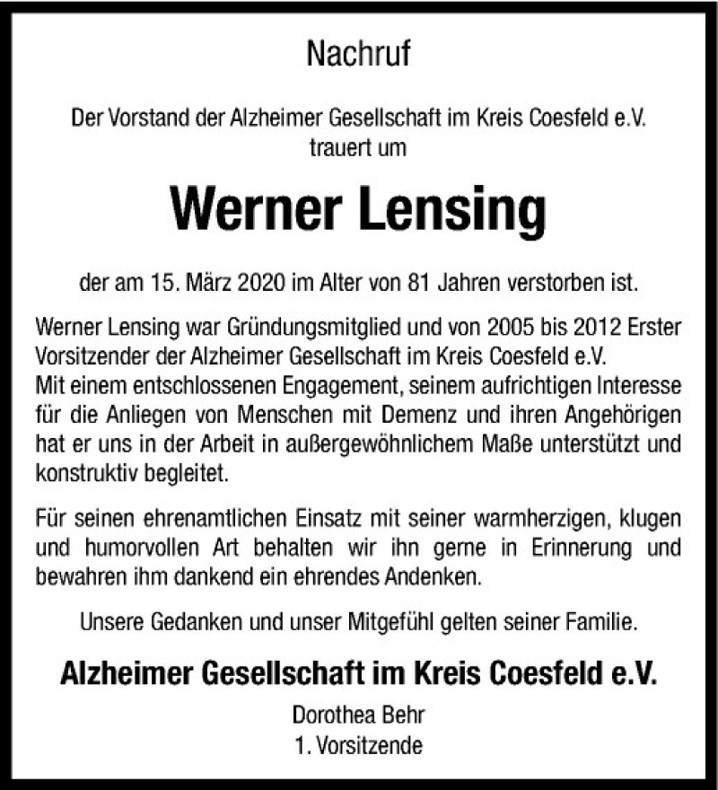  Traueranzeige für Werner Lensing vom 26.03.2020 aus Westfälische Nachrichten