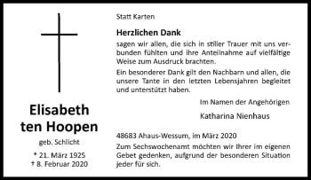 Anzeige von Elisabeth ten Hoopen von Westfälische Nachrichten