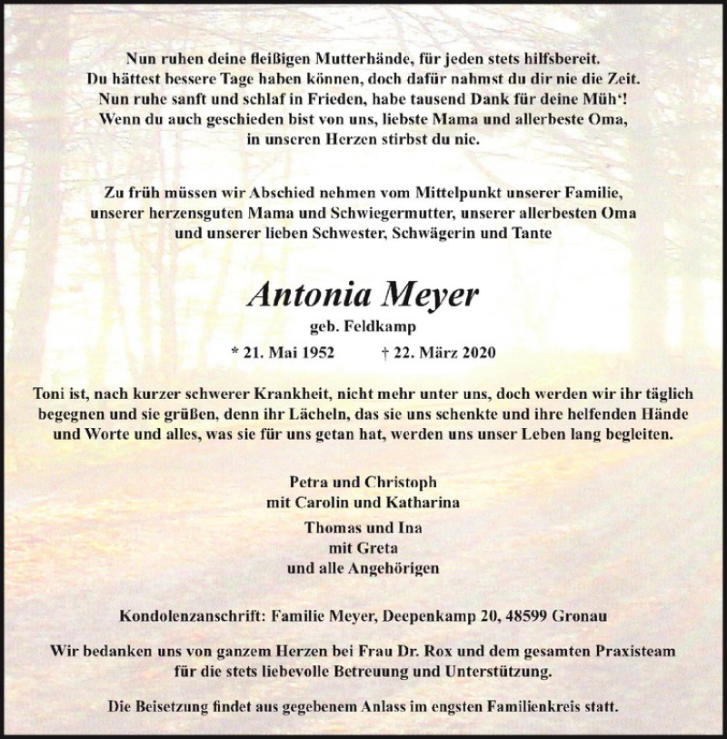  Traueranzeige für Antonia Meyer vom 25.03.2020 aus Westfälische Nachrichten