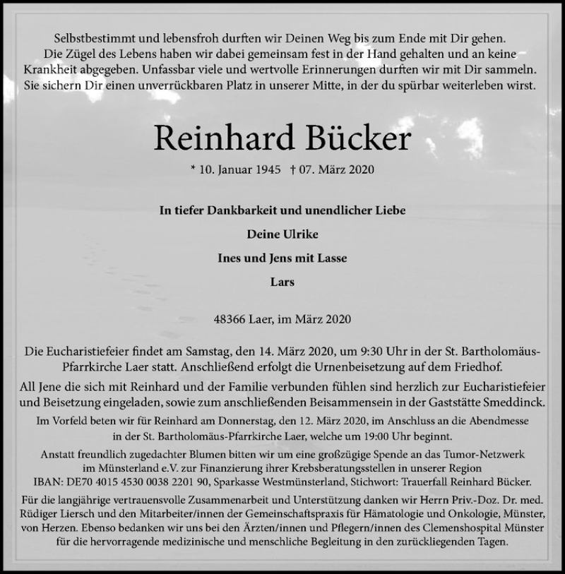  Traueranzeige für Reinhard Bücker vom 11.03.2020 aus Westfälische Nachrichten
