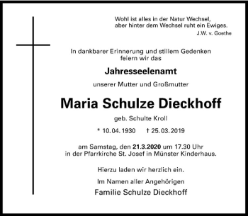 Anzeige von Maria Schulze Dieckhoff von Westfälische Nachrichten