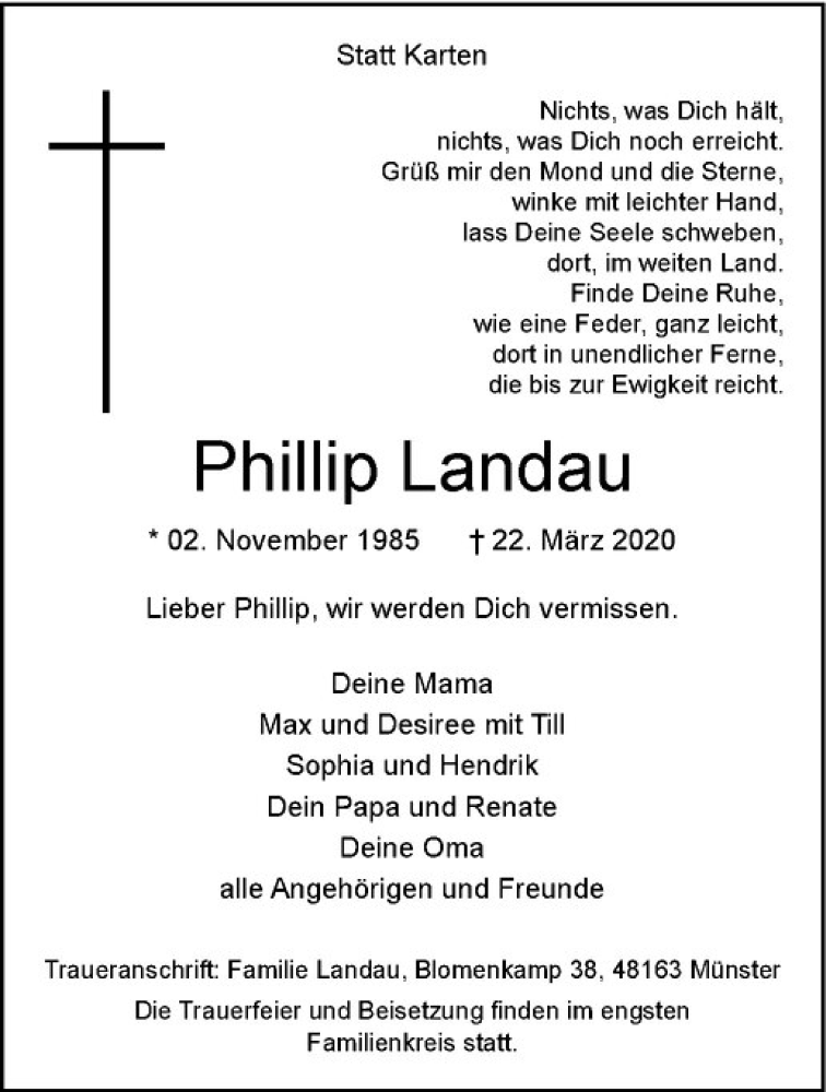  Traueranzeige für Phillip Landau vom 28.03.2020 aus Westfälische Nachrichten