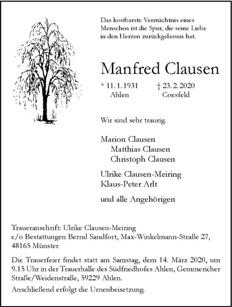  Traueranzeige für Manfred Clausen vom 04.03.2020 aus Westfälische Nachrichten