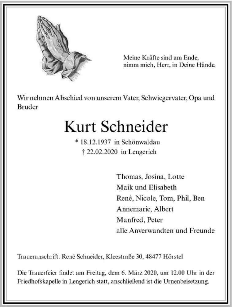  Traueranzeige für Kurt Schneider vom 04.03.2020 aus Westfälische Nachrichten