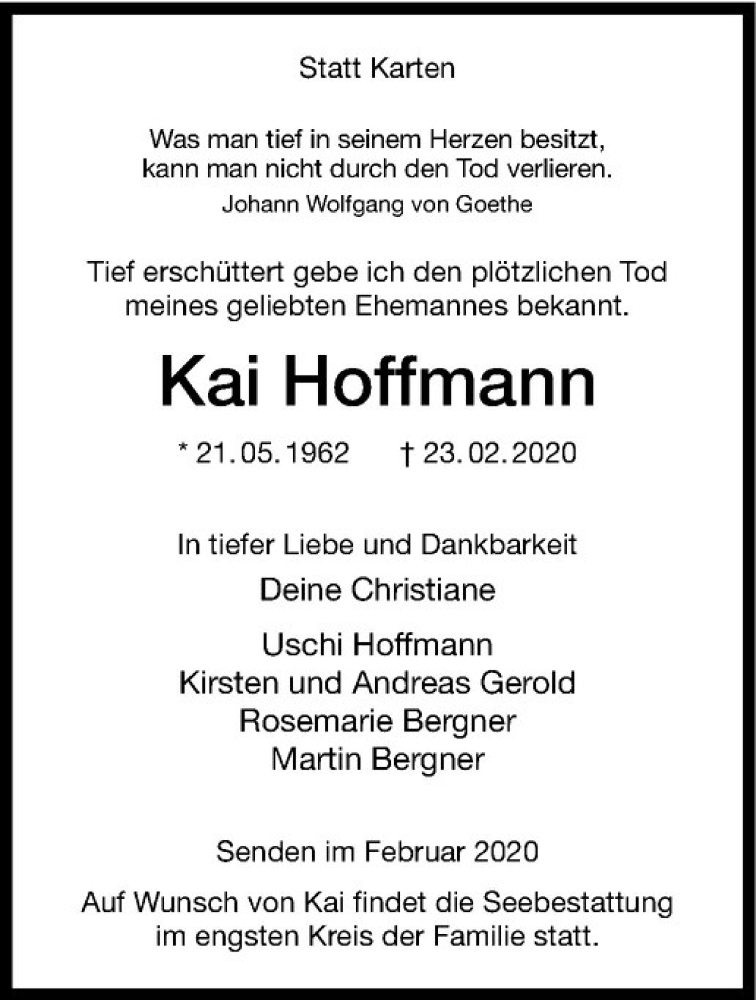  Traueranzeige für Kai Hoffmann vom 07.03.2020 aus Westfälische Nachrichten