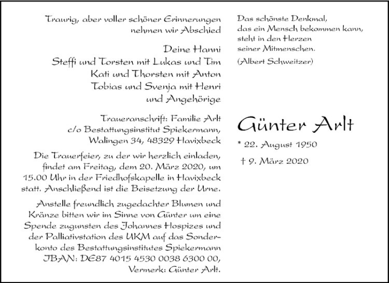  Traueranzeige für Günter Arlt vom 14.03.2020 aus Westfälische Nachrichten