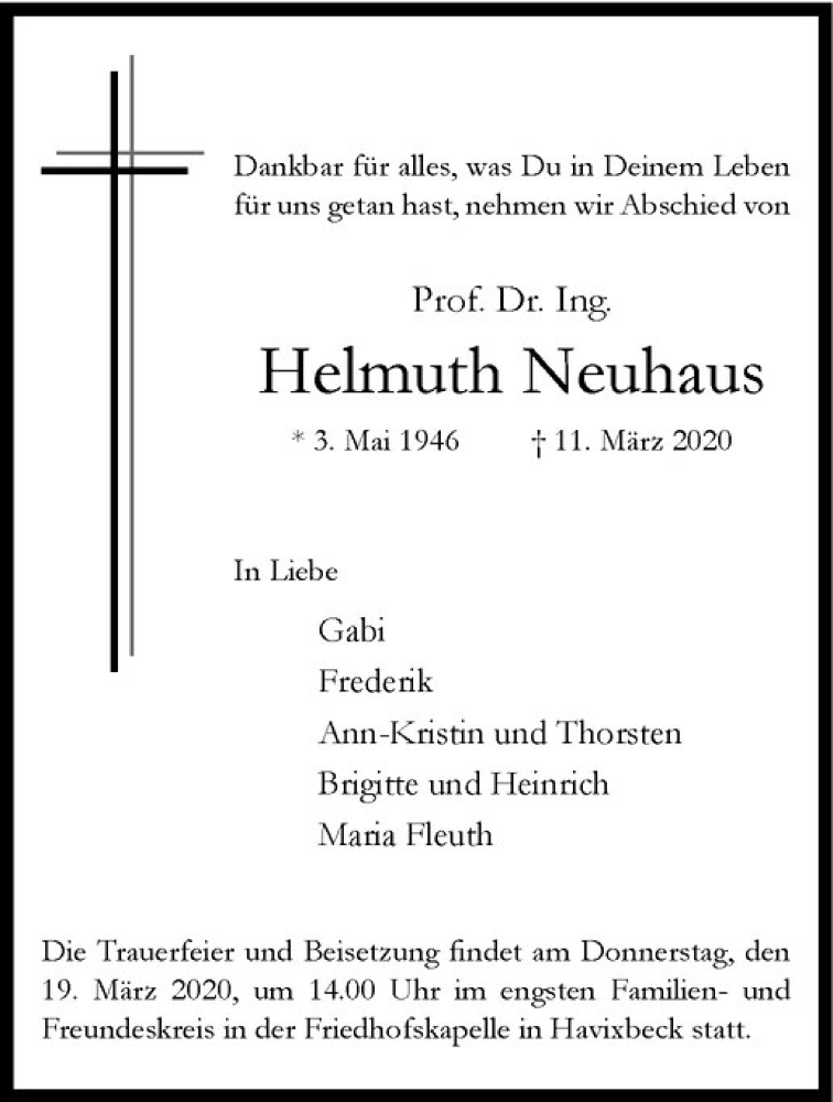  Traueranzeige für Helmuth Neuhaus vom 14.03.2020 aus Westfälische Nachrichten