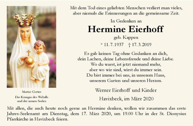  Traueranzeige für Hermine Eierhoff vom 14.03.2020 aus Westfälische Nachrichten