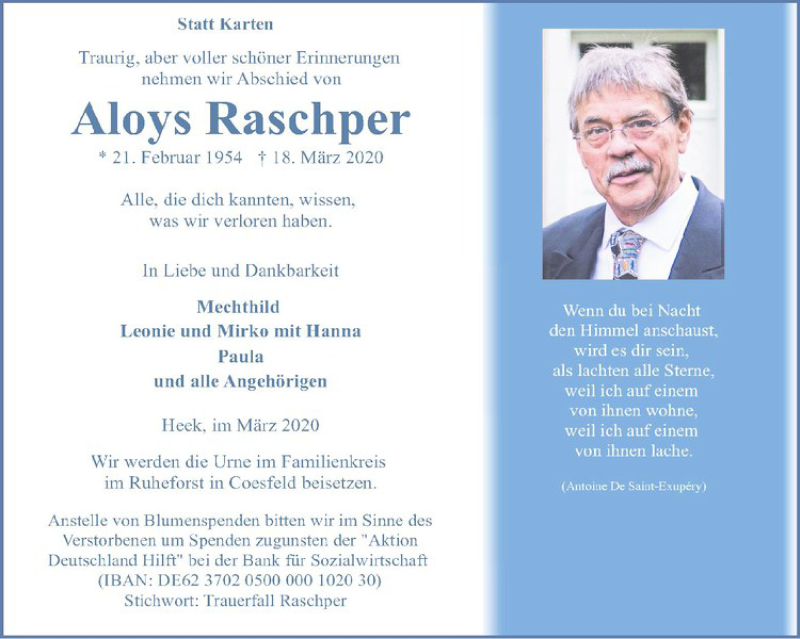  Traueranzeige für Aloys Raschper vom 24.03.2020 aus Westfälische Nachrichten