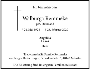 Anzeige von Walburga Remmeke von Westfälische Nachrichten