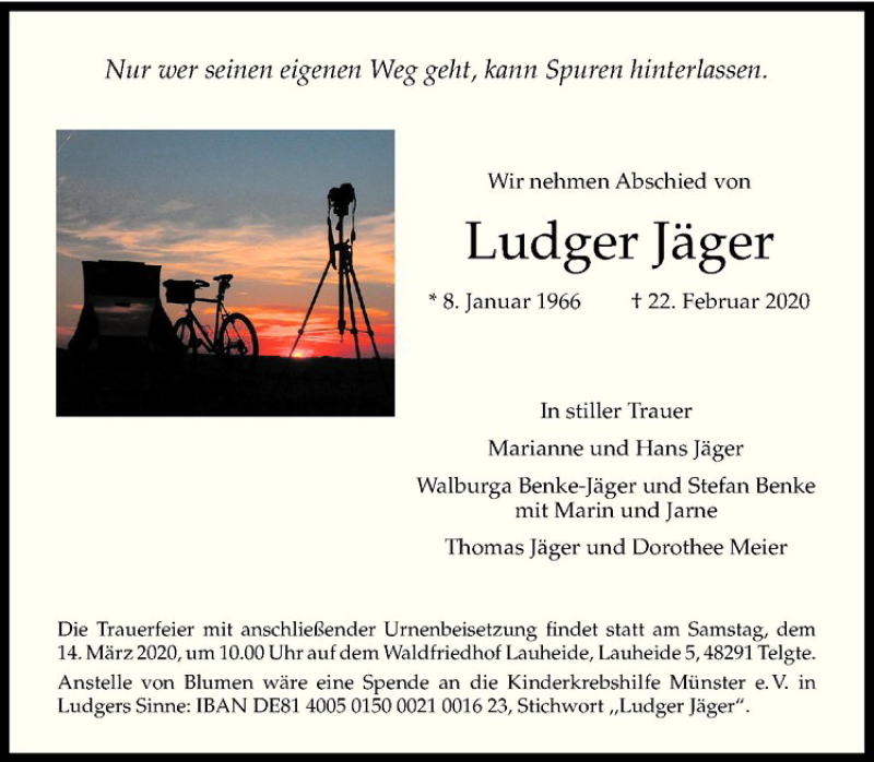  Traueranzeige für Ludger Jäger vom 07.03.2020 aus Westfälische Nachrichten