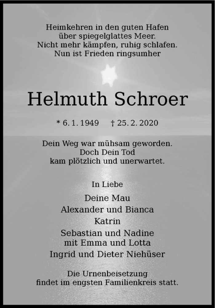  Traueranzeige für Helmuth Schroer vom 07.03.2020 aus Westfälische Nachrichten