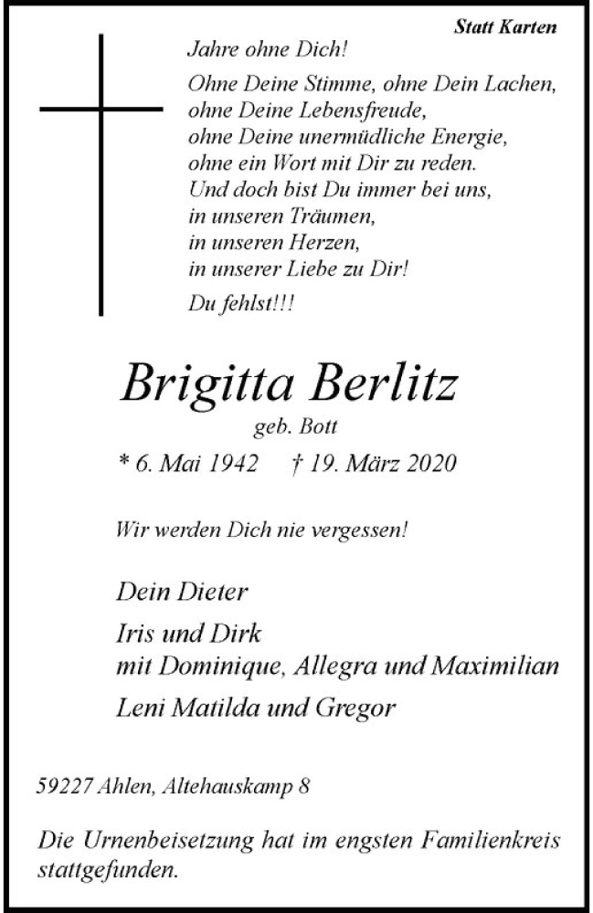  Traueranzeige für Brigitta Berlitz vom 28.03.2020 aus Westfälische Nachrichten