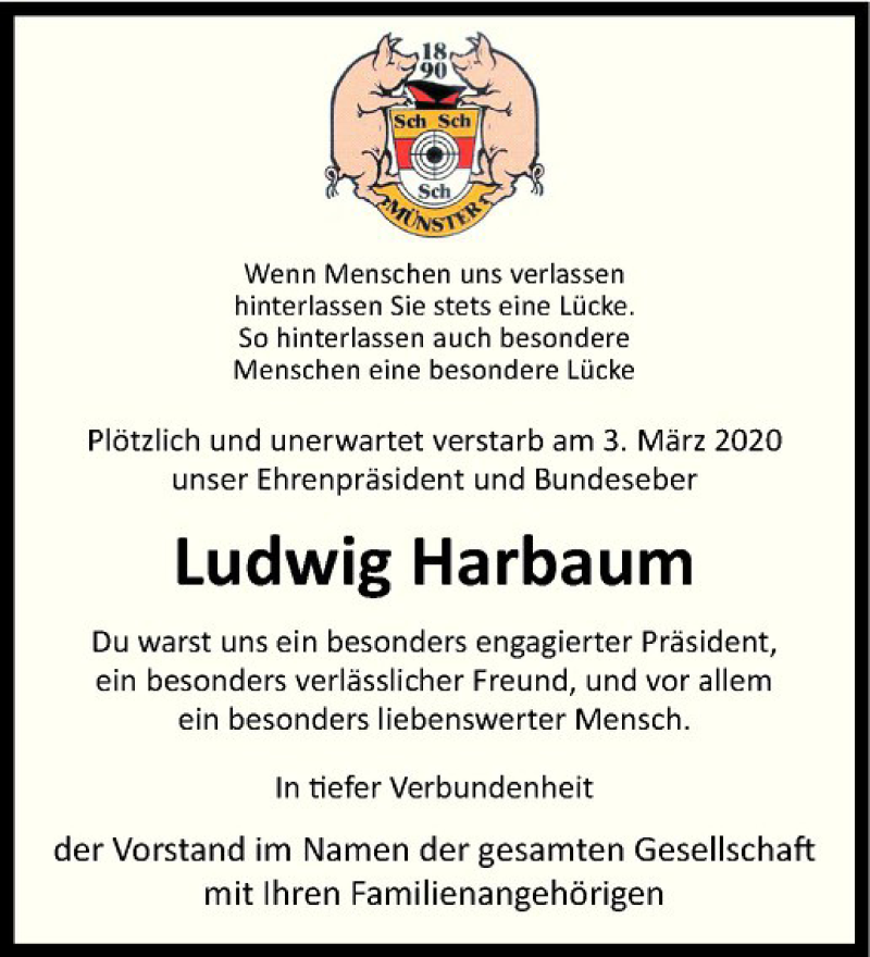  Traueranzeige für Ludwig Harbaum vom 14.03.2020 aus Westfälische Nachrichten