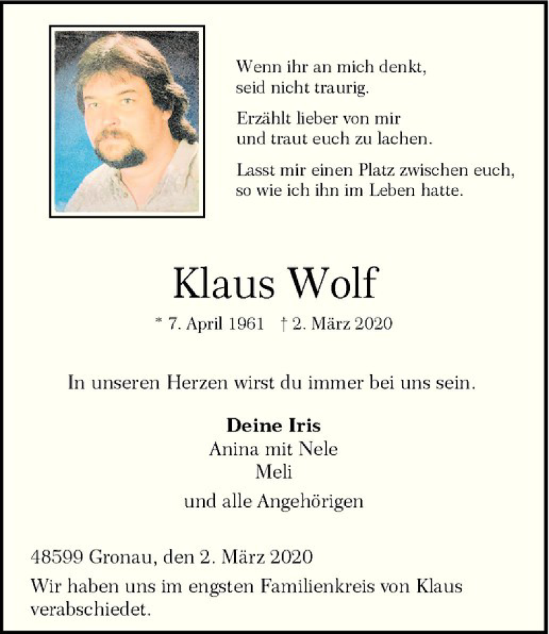  Traueranzeige für Klaus Wolf vom 13.03.2020 aus Westfälische Nachrichten