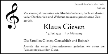 Anzeige von Klaus Giesen von Westfälische Nachrichten