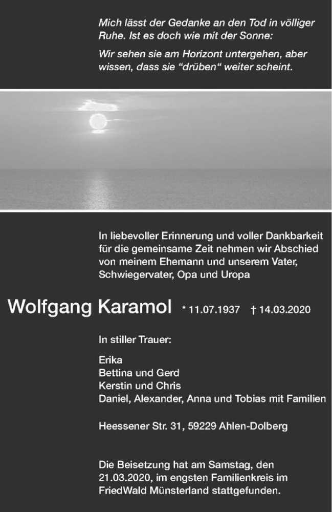  Traueranzeige für Wolfgang Karamol vom 23.03.2020 aus Westfälische Nachrichten