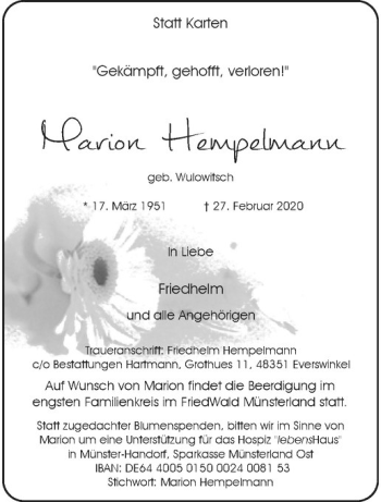 Anzeige von Marion Hempelmann von Westfälische Nachrichten