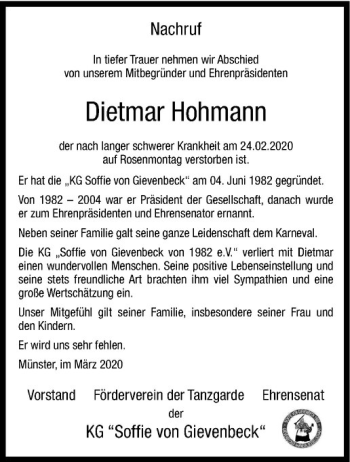 Anzeige von Dietmar Hohmann von Westfälische Nachrichten