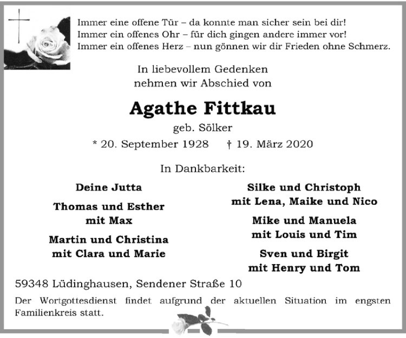  Traueranzeige für Agathe Fittkau vom 21.03.2020 aus Westfälische Nachrichten