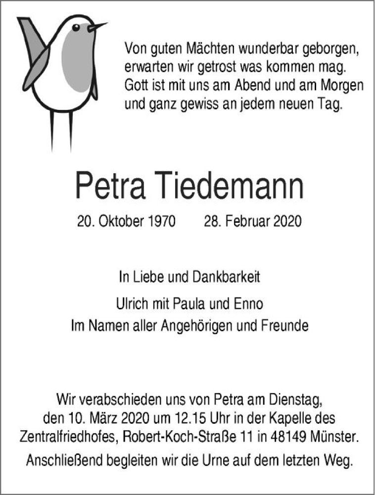  Traueranzeige für Petra Tiedemann vom 07.03.2020 aus Westfälische Nachrichten