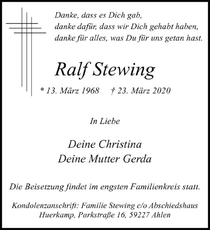  Traueranzeige für Ralf Stewing vom 28.03.2020 aus Westfälische Nachrichten