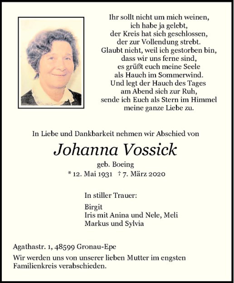  Traueranzeige für Johanna Vossick vom 11.03.2020 aus Westfälische Nachrichten