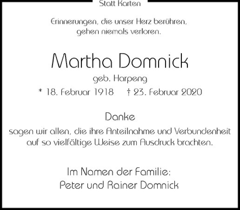  Traueranzeige für Martha Domnick vom 21.03.2020 aus Westfälische Nachrichten