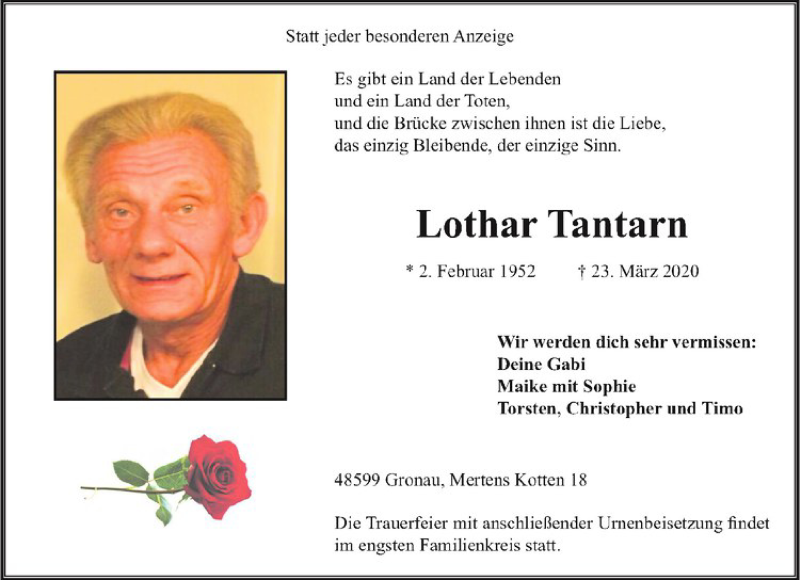  Traueranzeige für Lothar Tantarn vom 28.03.2020 aus Westfälische Nachrichten