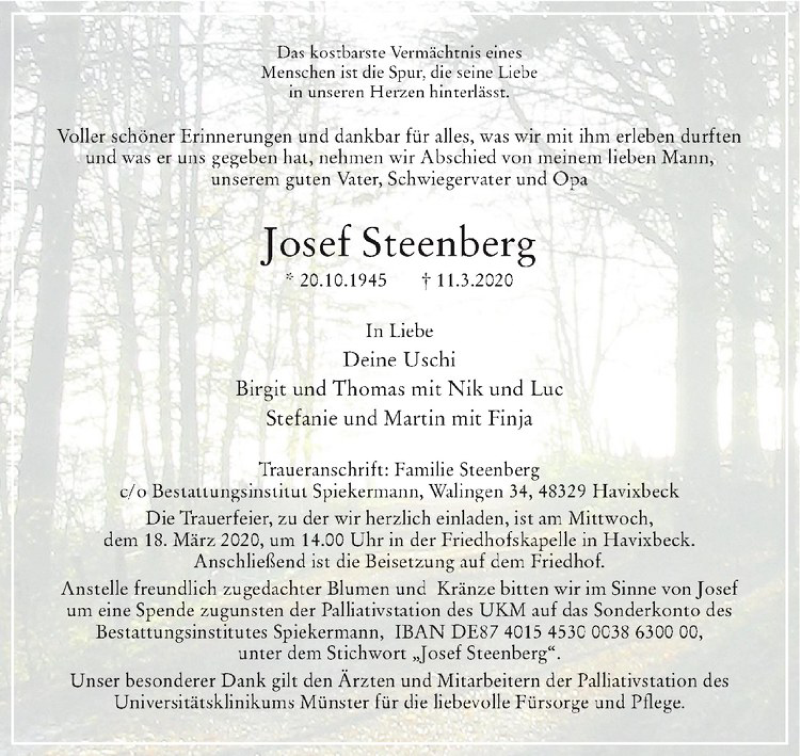  Traueranzeige für Josef Steenberg vom 14.03.2020 aus Westfälische Nachrichten