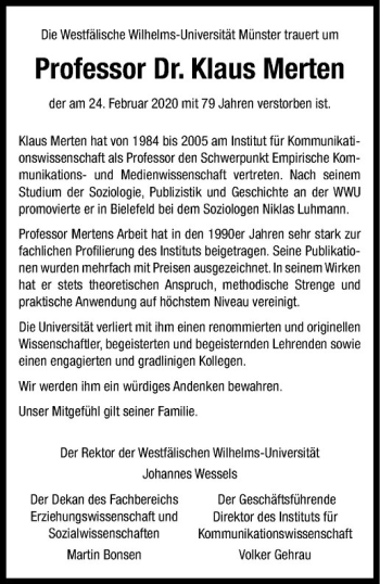 Anzeige von Klaus Merten von Westfälische Nachrichten