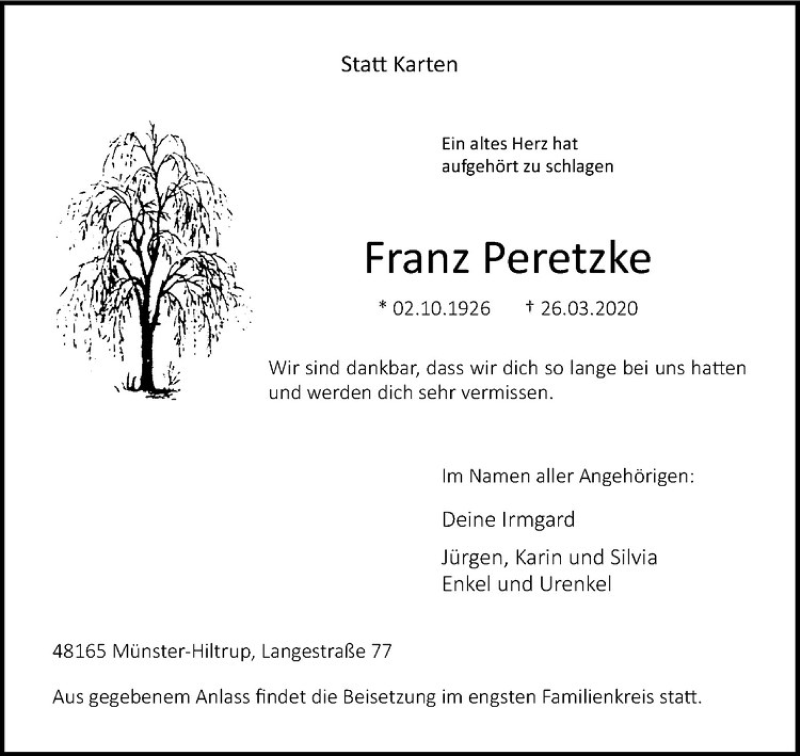  Traueranzeige für Franz Peretzke vom 28.03.2020 aus Westfälische Nachrichten