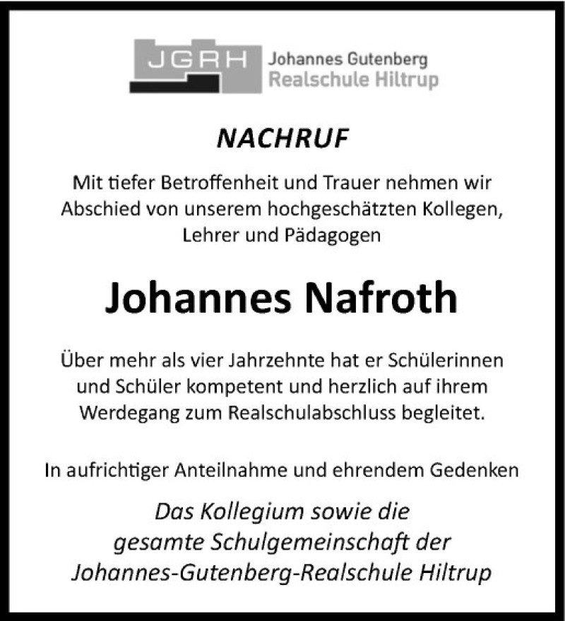  Traueranzeige für Johannes Nafroth vom 06.03.2020 aus Westfälische Nachrichten