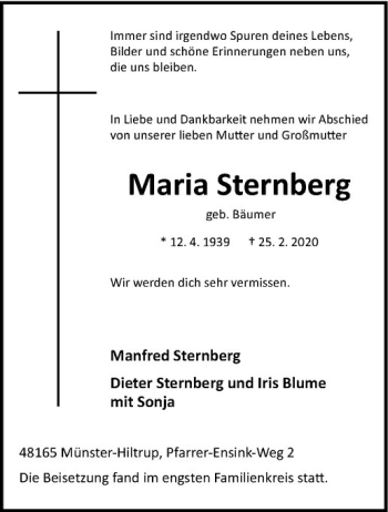 Anzeige von Maria Sternberg von Westfälische Nachrichten