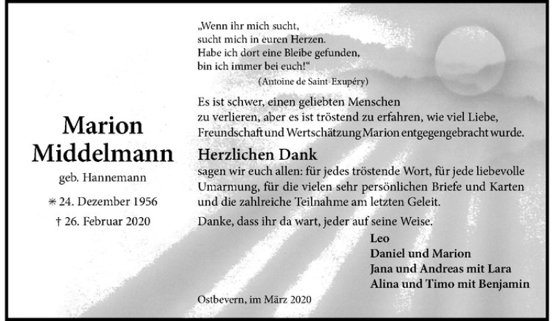 Traueranzeige für Marion Middelmann vom 28.03.2020 aus Westfälische Nachrichten