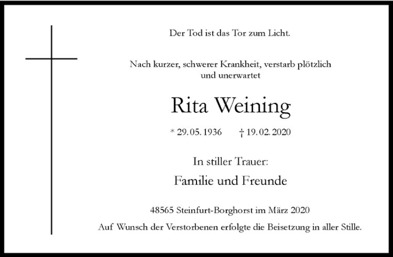  Traueranzeige für Rita Weining vom 07.03.2020 aus Westfälische Nachrichten