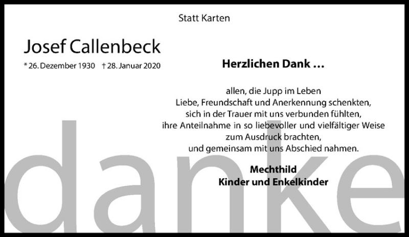  Traueranzeige für Josef Callenbeck vom 18.03.2020 aus Westfälische Nachrichten