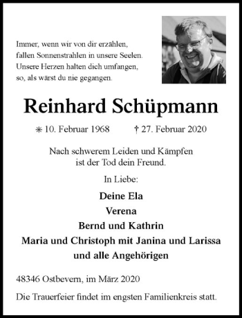 Anzeige von Reinhard Schüpmann von Westfälische Nachrichten