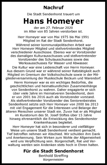 Anzeige von Hans Homeyer von Westfälische Nachrichten