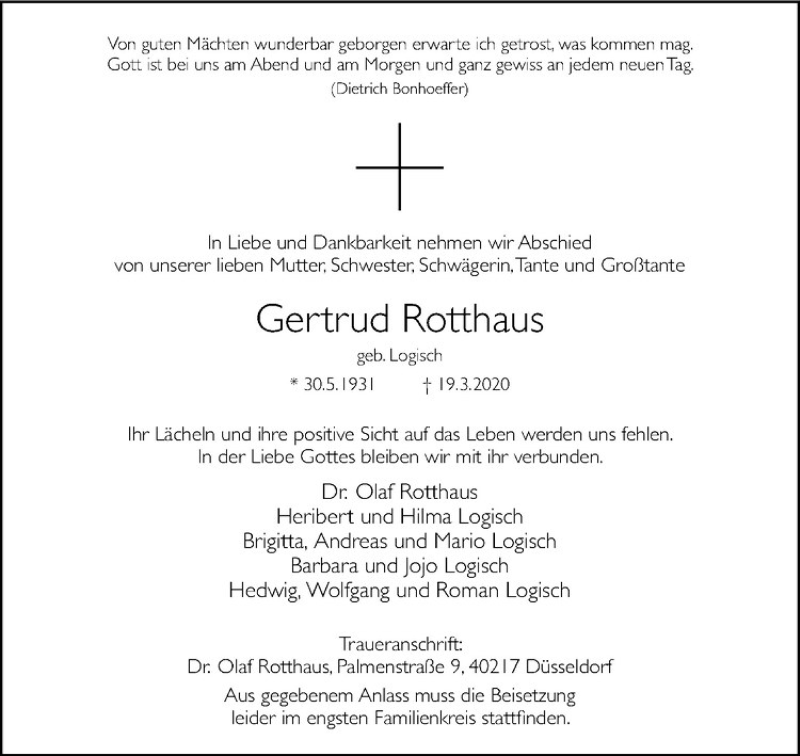  Traueranzeige für Gertrud Rotthaus vom 25.03.2020 aus Westfälische Nachrichten