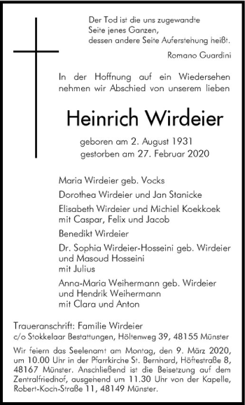 Anzeige von Heinrich Wirdeier von Westfälische Nachrichten