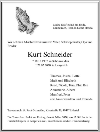 Anzeige von Kurt Schneider von Westfälische Nachrichten