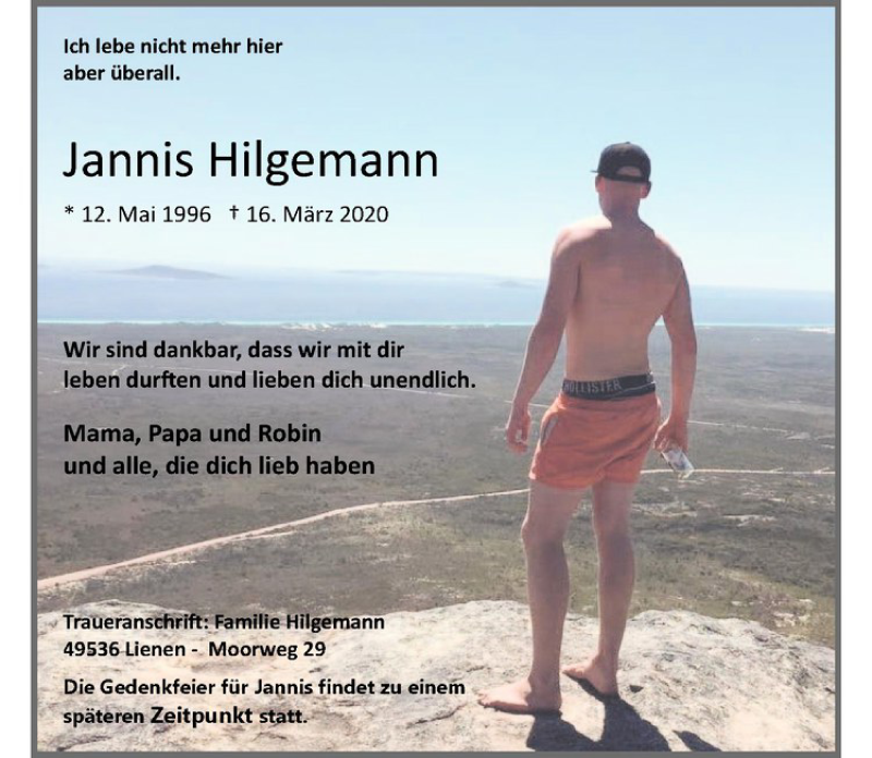  Traueranzeige für Jannis Hilgemann vom 28.03.2020 aus Westfälische Nachrichten