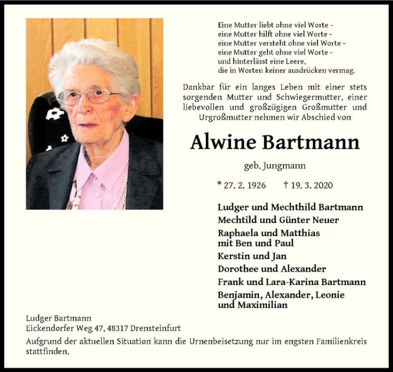  Traueranzeige für Alwine Bartmann vom 25.03.2020 aus Westfälische Nachrichten