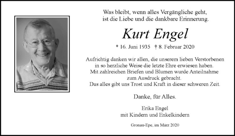  Traueranzeige für Kurt Engel vom 28.03.2020 aus Westfälische Nachrichten