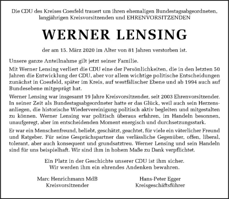  Traueranzeige für Werner Lensing vom 21.03.2020 aus Westfälische Nachrichten