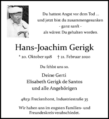 Anzeige von Hans-Joachim Gerigk von Westfälische Nachrichten